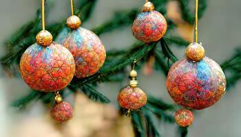 détail de une rouge décoratif Balle pendaison de un artificiel Noël arbre. génératif ai photo