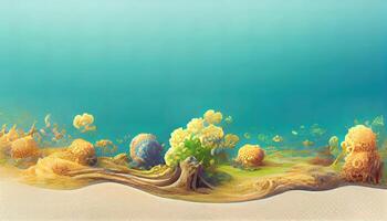 tropical île avec bleu océan et sable, poisson, paume arbre, vagues. 3d illustration Voyage et les vacances. génératif ai photo