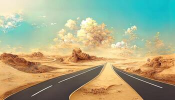 incroyable Voyage et vacances arrière-plan, 3d illustration avec Couper de le sol et le désert route. génératif ai photo