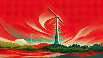 vent Générateur sur ciel rouge arrière-plan, vent Générateur Puissance usine, vert électricité. génératif ai photo