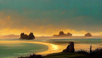 le arcade îles de wharariki plage à le coucher du soleil dans Nouveau la zélande, détaillé, coloré. génératif ai photo