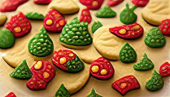 rouge et vert Noël biscuits avec glaçage comme sans couture modèle, détaillé, coloré. génératif ai photo