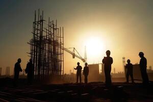 silhouettes de ingénieurs à construction site à le coucher du soleil. génératif ai photo