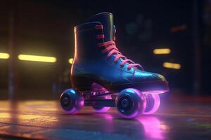 génératif ai, rouleau patin dans cyberpunk style, disco nostalgique années 80, années 90. néon nuit lumières vibrant couleurs, photoréaliste horizontal illustration de le futuriste ville. sport activité concept. photo