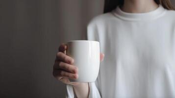 fille avec blanc maquette tasse. illustration ai génératif photo