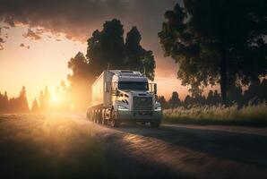 cargaison transport un camion sur le route à coucher de soleil, génératif ai photo