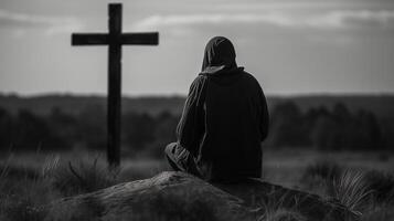 homme dans de face de une en bois traverser dans le campagne. noir et blanche. ai généré ouvrages d'art photo