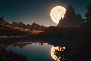 le lune est en hausse à minuit au dessus le Montagne avec ai généré. photo