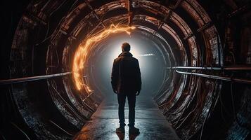 ai génératif une homme dans futuriste tunnel. futuriste intérieur. 3d le rendu. photo