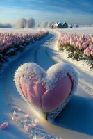 cœur en forme de fleur dans le milieu de une neigeux route. génératif ai. photo