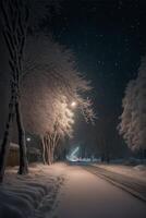 il a été une magnifique neigeux nuit. génératif ai. photo