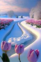 La peinture de rose fleurs dans le neige. génératif ai. photo