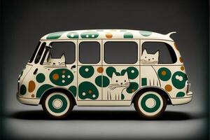 blanc et vert autobus avec chats peint sur il. génératif ai. photo