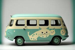 jouet autobus avec une chat visage peint sur il. génératif ai. photo
