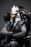 chauve Aigle dans une costume séance dans une chaise. génératif ai. photo