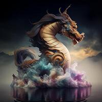 embrasé nuage Licorne Kirin a une chinois dragon diriger. génératif ai. photo