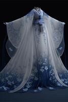 chinois hanfu bleu broderie robe. génératif ai. photo