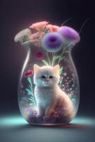 magnifique et coloré cristal vase avec brillant fleur et chat. génératif ai. photo