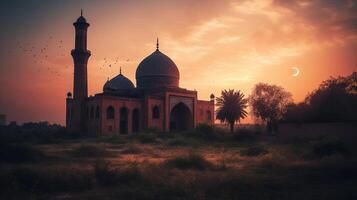 ai génératif mosquées dôme silhouette sur foncé or crépuscule ciel dans nuit avec croissant lune sur le coucher du soleil. arabe, aïd al-adha, moubarak musulman concept photo