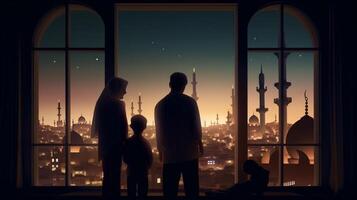 ai génératif musulman famille à la recherche à mosquée eid concept photo