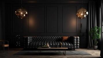 noir vivant pièce intérieur avec cuir canapé, minimaliste industriel style. génératif ai photo