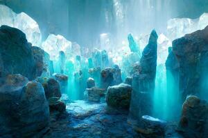 un la glace la grotte avec une courant de l'eau à venir en dehors de il. génératif ai. photo