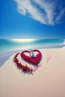 la mariée et jeune marié permanent dans le forme de une cœur sur le plage. génératif ai. photo