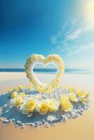 cœur fabriqué en dehors de fleurs sur une plage. génératif ai. photo