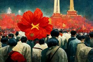 La peinture de une grand rouge fleur dans de face de une foule de personnes. génératif ai. photo