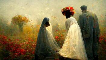 La peinture de une la mariée et jeune marié dans une champ de fleurs. génératif ai. photo