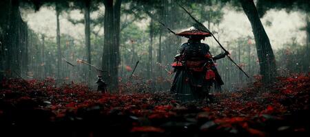 samouraï permanent dans le milieu de une forêt. génératif ai. photo