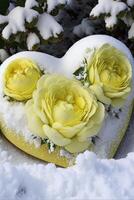 deux Jaune des roses séance sur Haut de une neige couvert cœur. génératif ai. photo