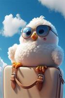 blanc oiseau portant des lunettes de soleil séance sur Haut de une valise. génératif ai. photo