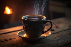 une tasse de chaud noir café sur une en bois tableau, dans une ancien atmosphère. ai généré photo