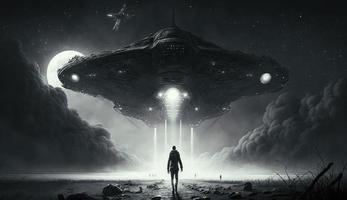 illustration La peinture de science-fiction scène montrant le vaisseau spatial enlèvement Humain à le nuit, numérique art style, produire ai photo