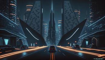 une futuriste, éclairé au néon paysage urbain dans le style de tron, produire ai photo