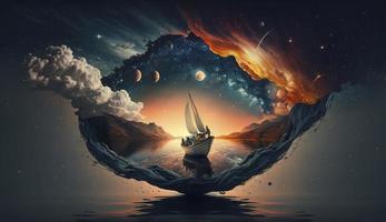 surréaliste paysage de le homme sur une bateau dans le extérieur espace avec étoiles et des nuages dans nuit et le coucher du soleil temps, numérique art style, illustration peinture, produire ai photo