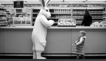 Pâques lapin achète Pâques des œufs dans le supermarché. génératif ai. photo
