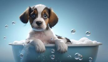 mignonne chiot chien dans baignoire, animaux domestiques nettoyage sur bleu arrière-plan, génératif ai photo