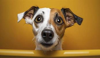 curieuse intéressé chien regards dans caméra dans baignoire, animaux domestiques nettoyage . jack Russell terrier fermer portrait sur Jaune Contexte. marrant animal de compagnie, produire ai photo