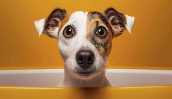 curieuse intéressé chien regards dans caméra dans baignoire, animaux domestiques nettoyage . jack Russell terrier fermer portrait sur Jaune Contexte. marrant animal de compagnie, produire ai photo