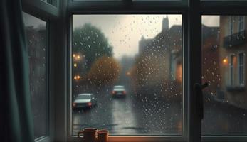 pluvieux journée vu de une fenêtre, produire ai photo
