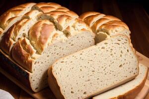 fraîchement cuit pain sur une en bois conseil, gros plan.bagel génératif ai photo