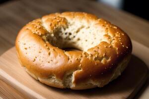 fraîchement cuit pain sur une en bois conseil, gros plan.bagel génératif ai photo