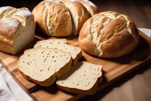 fraîchement cuit pain sur une en bois conseil, gros plan.bagel génératif ai photo