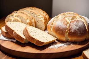 fraîchement cuit pain sur une en bois conseil, gros plan.bagel génératif ai photo