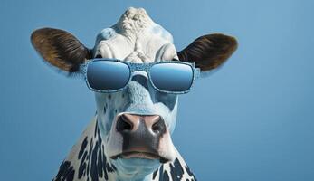 marrant vache avec des lunettes de soleil dans de face de bleu studio Contexte. génératif ai. photo