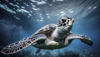 mer tortue nager sous-marin dans bleu océan l'eau. établi avec génératif ai photo