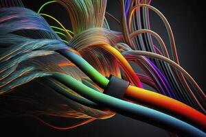 optique fibre la vitesse concept illustration, coloré lignes câble proche en haut haute la vitesse réseau Les données transfert. génératif ai photo