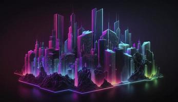 intelligent ville et gros Les données concept. futuriste paysage urbain à nuit avec néon couleurs. ville Infrastructure hologramme. établi avec génératif ai photo
